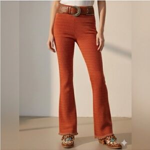 ZARA Knit Flare Pants Orange Metallic Thread Fringe Hem S